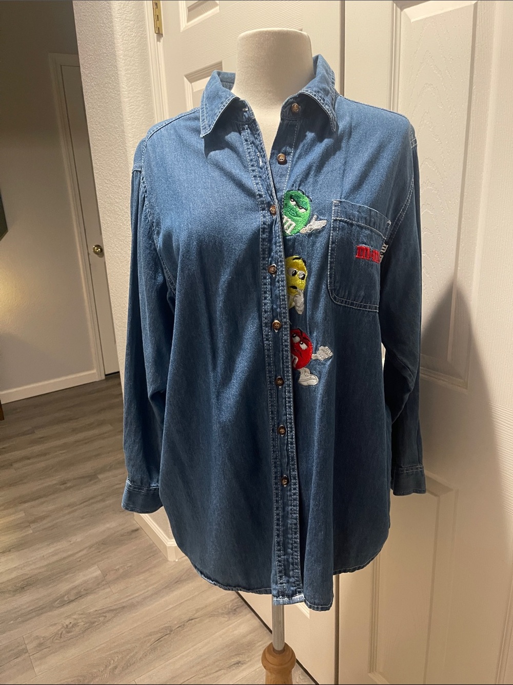 M&M'S Official Licensed Blue Denim Button-Down Shirt with Colorful Characters
